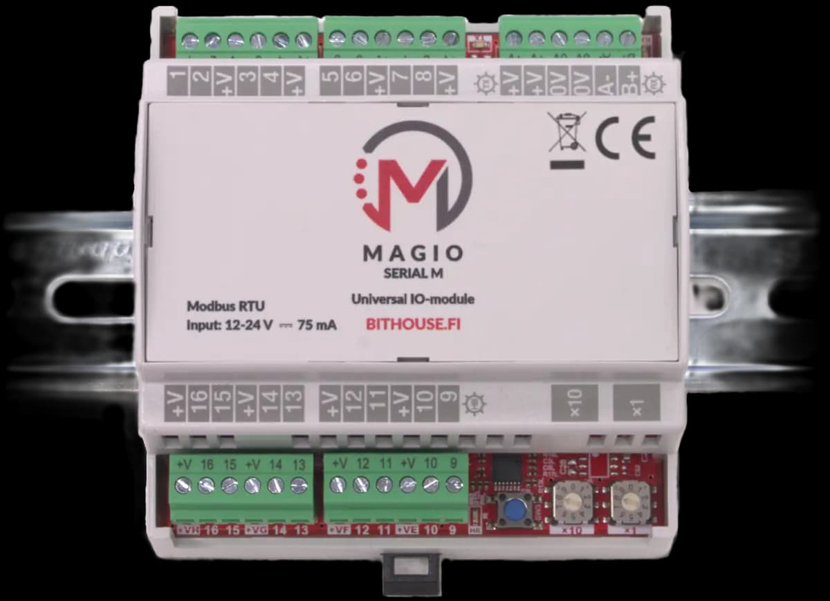 Magio Serial M I/O -moduuli DIN-kiskossa